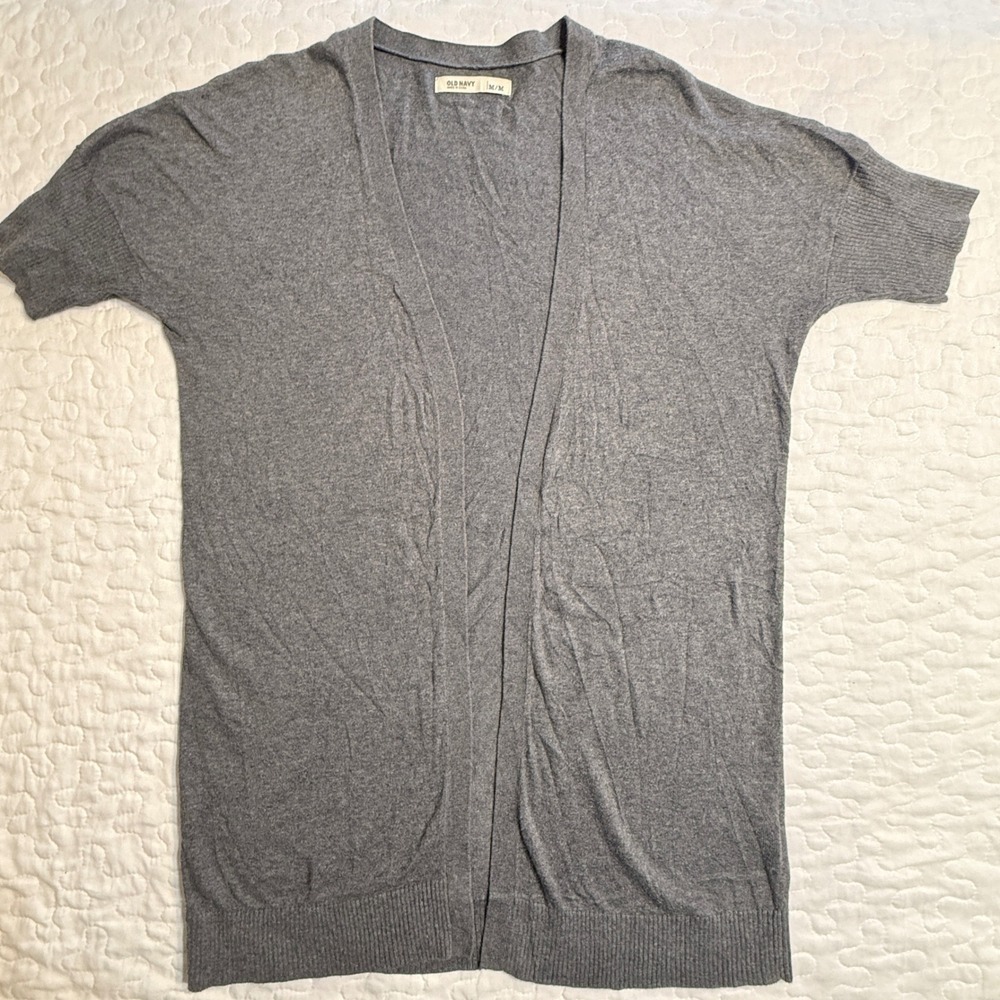Old Navy Women M Cardigan Gray Short Sleeve OPEN FRONT BREATHABLE OFFICE WORK